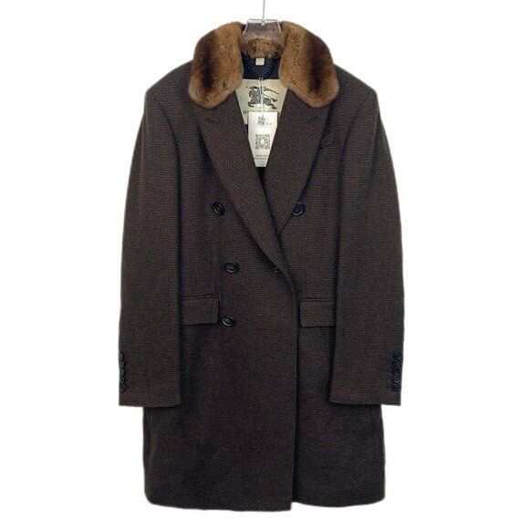Mens Brown Wool Double-Breasted Overcoat With Fur Collar - Picture 1 of 8